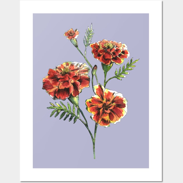 Marigold Flowers Watercolor Painting Wall Art by Ratna Arts